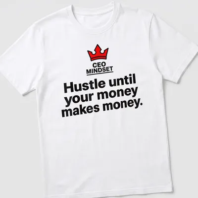 Bold typography CEO mindset t-shirt with crown graphic in black, red, and white