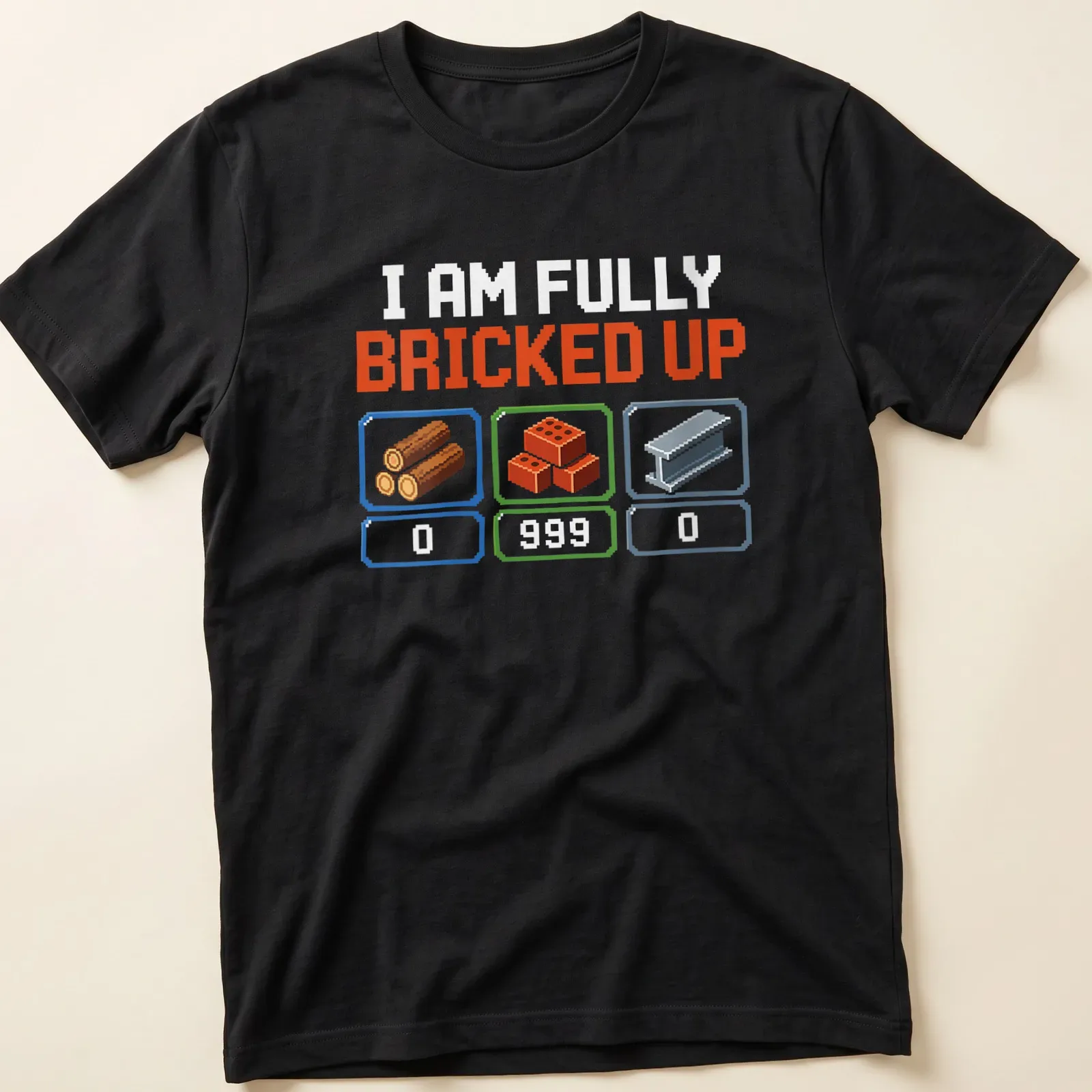 Pixelated gaming humor t-shirt with colorful 8-bit elements and text — printed on a unisex t-shirt