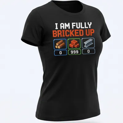 Pixelated gaming humor t-shirt with colorful 8-bit elements and text — printed on a women's shirt