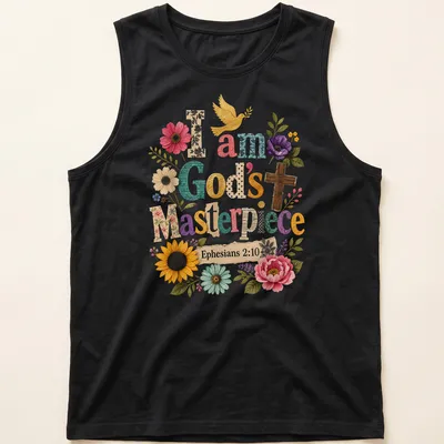 Colorful floral graphic with a cross and dove, featuring printed text about being God's masterpiece — printed on a tank top