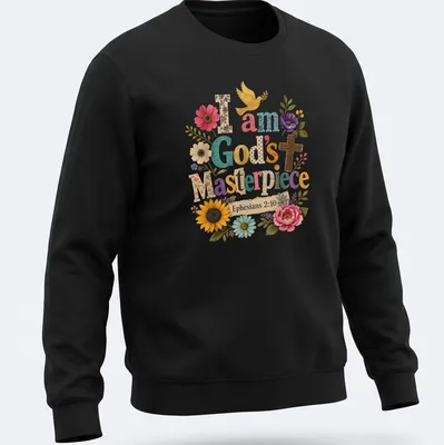Colorful floral graphic with a cross and dove, featuring printed text about being God's masterpiece — printed on a unisex sweatshirt