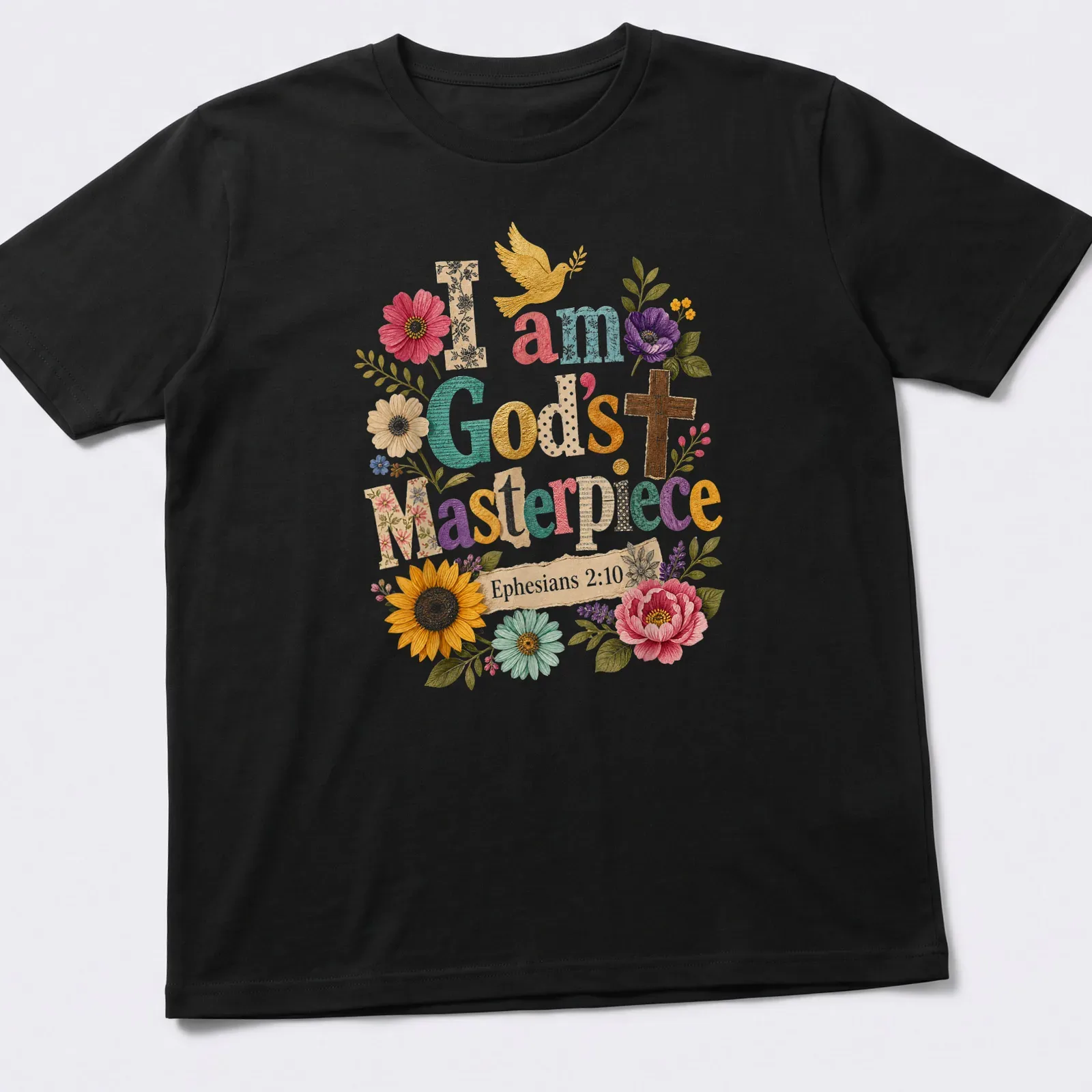 Colorful floral graphic with a cross and dove, featuring printed text about being God's masterpiece — printed on a unisex t-shirt