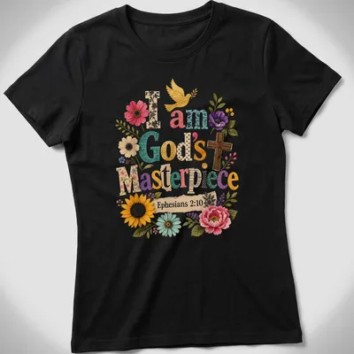 Colorful floral graphic with a cross and dove, featuring printed text about being God's masterpiece — printed on a women's shirt