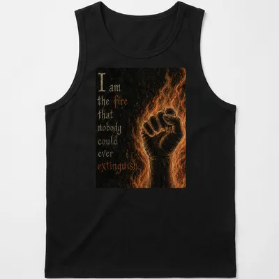 Gothic art T-shirt with a clenched fist and flames, featuring motivational text. — printed on a tank top