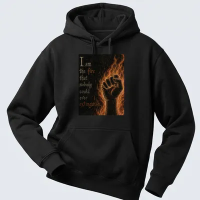 Gothic art T-shirt with a clenched fist and flames, featuring motivational text. — printed on a unisex hoodie