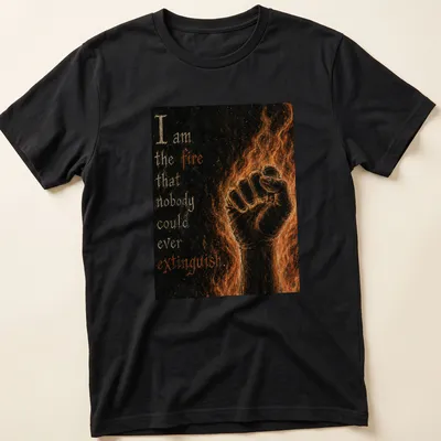 Gothic art T-shirt with a clenched fist and flames, featuring motivational text. — printed on a unisex t-shirt
