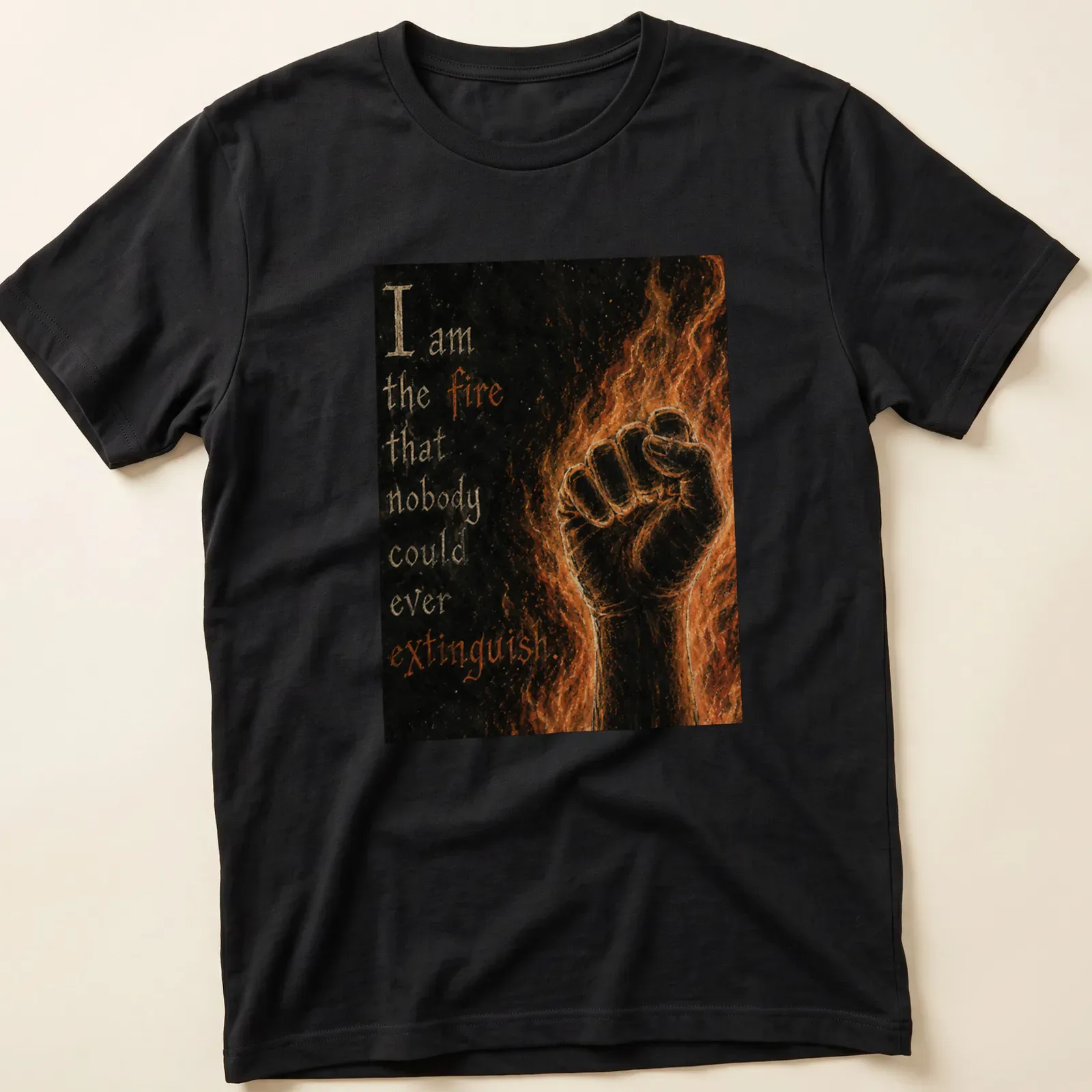 Gothic art T-shirt with a clenched fist and flames, featuring motivational text. — printed on a unisex t-shirt