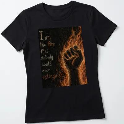 Gothic art T-shirt with a clenched fist and flames, featuring motivational text. — printed on a women's shirt