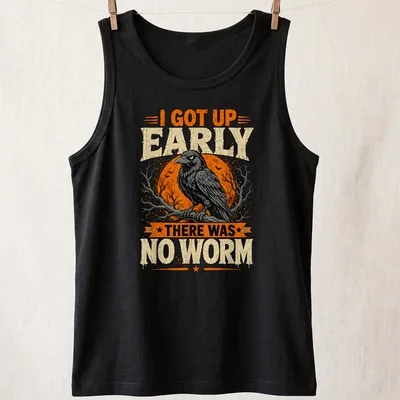 Vintage distressed T-shirt featuring a grumpy raven and humorous text about no worms. — printed on a tank top
