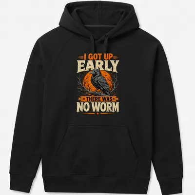 Vintage distressed T-shirt featuring a grumpy raven and humorous text about no worms. — printed on a unisex hoodie
