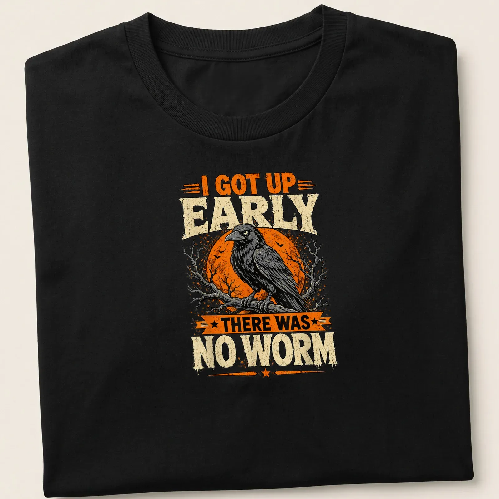 Vintage distressed T-shirt featuring a grumpy raven and humorous text about no worms. — printed on a unisex t-shirt