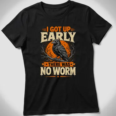 Vintage distressed T-shirt featuring a grumpy raven and humorous text about no worms. — printed on a women's shirt