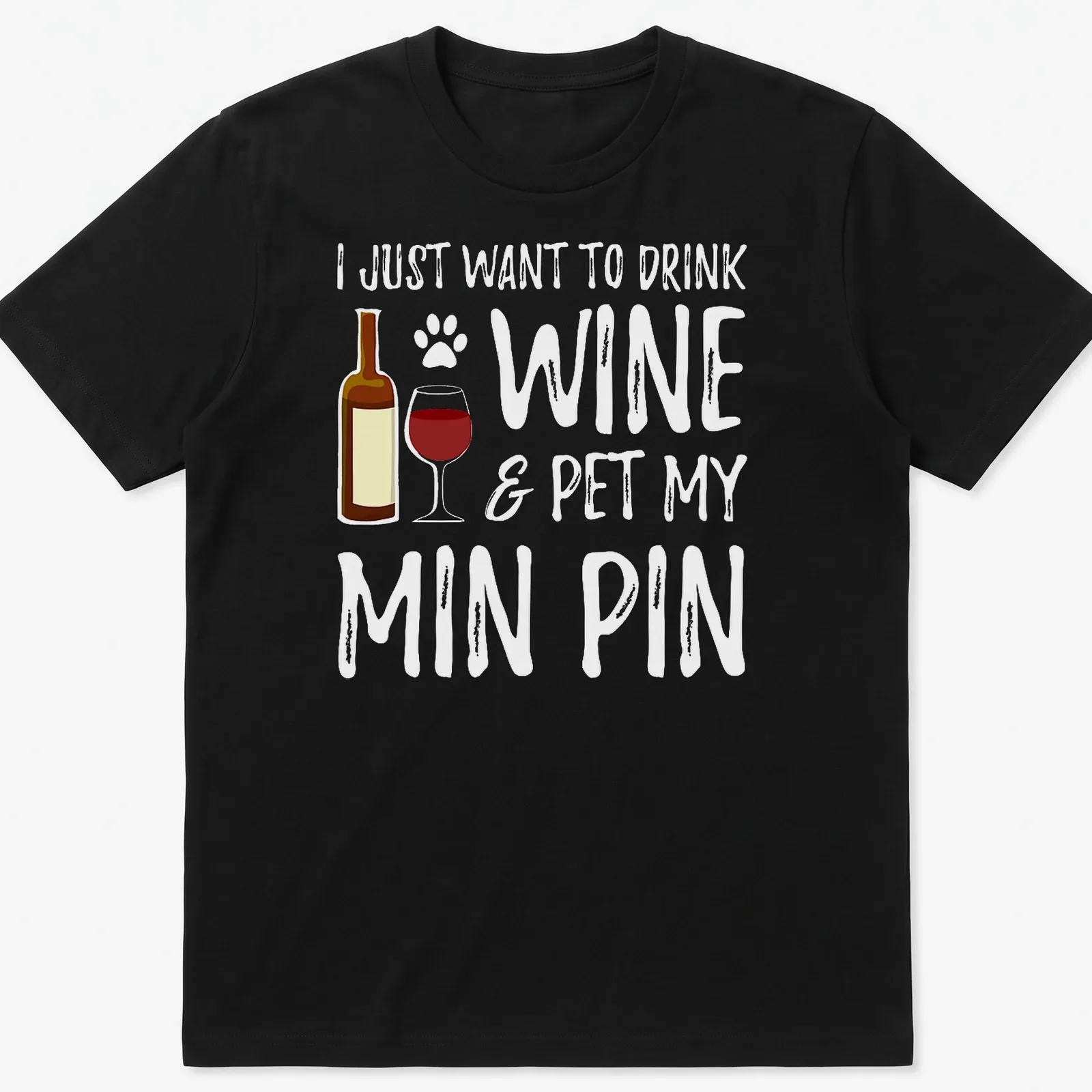 Playful typography with a wine bottle, glass, and paw print design. — printed on a unisex t-shirt