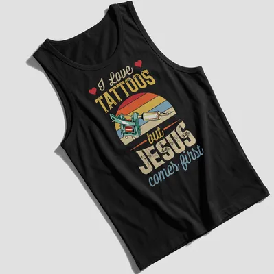 Colorful vintage print of a tattoo machine with text about faith and tattoos — printed on a tank top