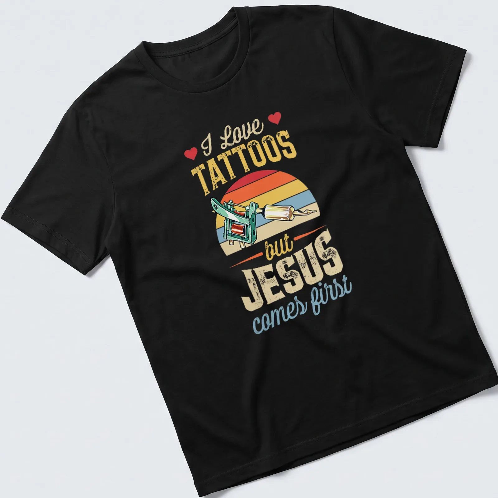 Colorful vintage print of a tattoo machine with text about faith and tattoos — printed on a unisex t-shirt