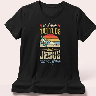 Colorful vintage print of a tattoo machine with text about faith and tattoos — printed on a women's shirt
