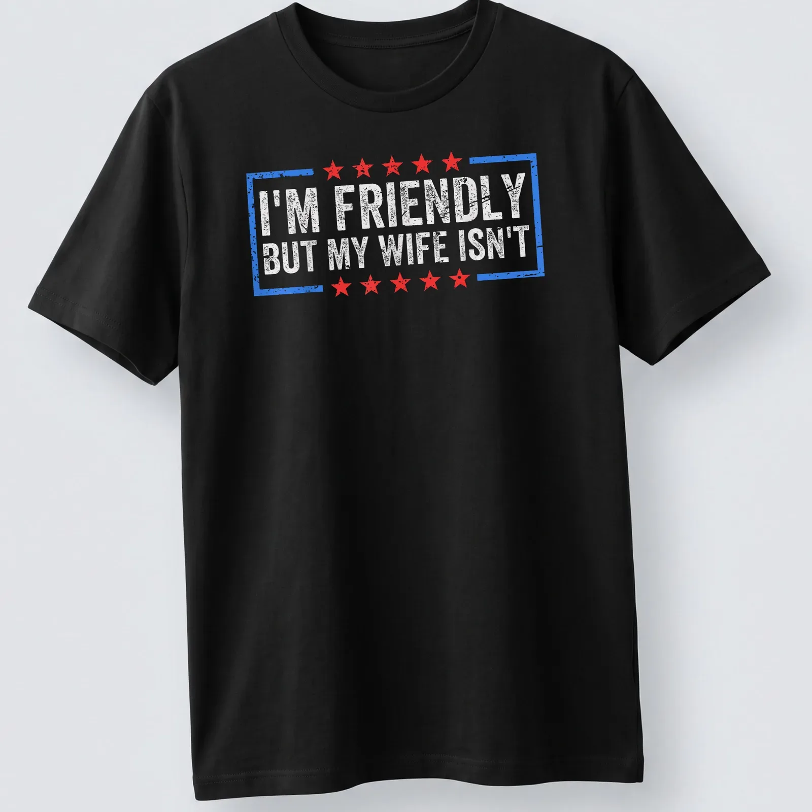 Distressed retro tee with humorous text and USA flag design in red, white, and blue — printed on a unisex t-shirt