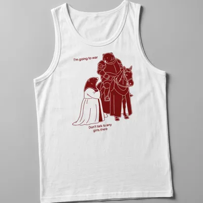Cartoonish print featuring a bear knight and lady with humorous text — printed on a tank top