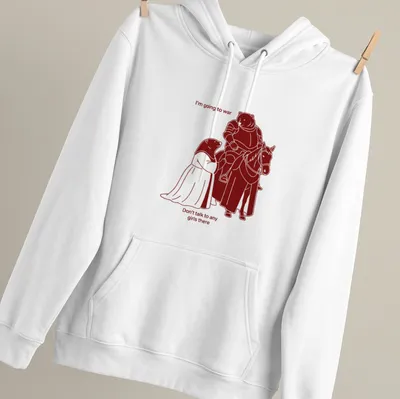 Cartoonish print featuring a bear knight and lady with humorous text — printed on a unisex hoodie
