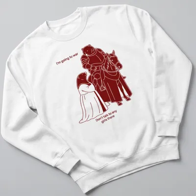 Cartoonish print featuring a bear knight and lady with humorous text — printed on a unisex sweatshirt