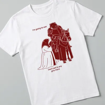 Cartoonish print featuring a bear knight and lady with humorous text — printed on a unisex t-shirt