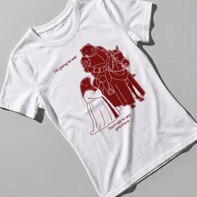 Cartoonish print featuring a bear knight and lady with humorous text — printed on a women's shirt