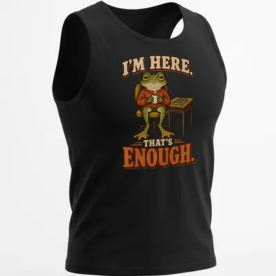 Cartoon tired frog illustration with humorous text about just being present. — printed on a tank top