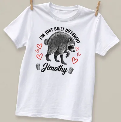 Illustrative t-shirt featuring raccoon and text 'I'm Just Built Different Jimothy' in black, white, and red.
