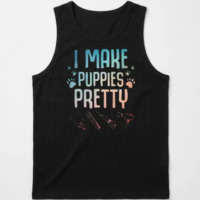 Dog grooming t-shirt with gradient text and illustrations of grooming tools — printed on a tank top
