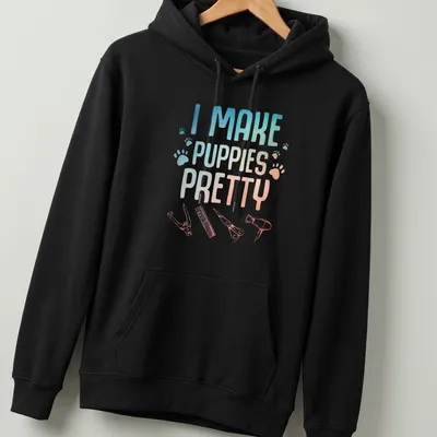 Dog grooming t-shirt with gradient text and illustrations of grooming tools — printed on a unisex hoodie