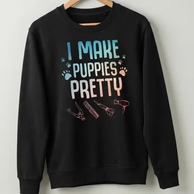 Dog grooming t-shirt with gradient text and illustrations of grooming tools — printed on a unisex sweatshirt