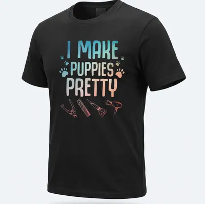 Dog grooming t-shirt with gradient text and illustrations of grooming tools