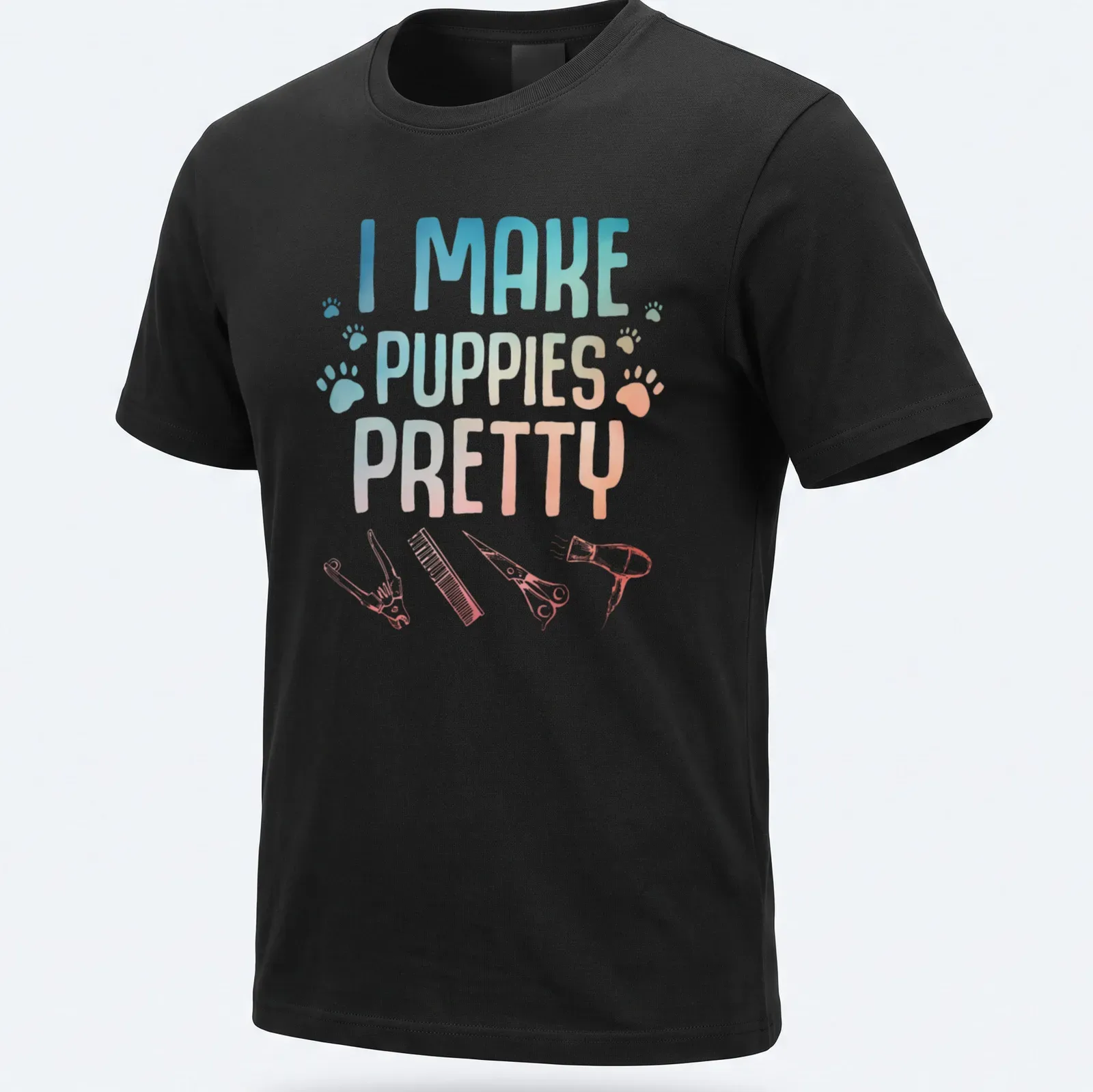 Dog grooming t-shirt with gradient text and illustrations of grooming tools — printed on a unisex t-shirt