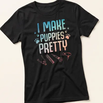 Dog grooming t-shirt with gradient text and illustrations of grooming tools — printed on a women's shirt