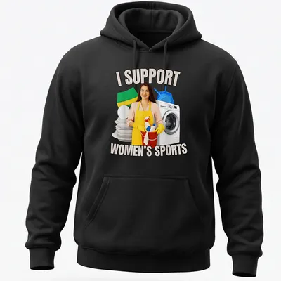 Realistic illustration of a woman in an apron with cleaning supplies and text supporting women's sports. — printed on a unisex hoodie