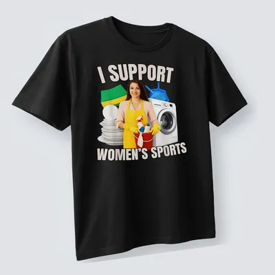 Realistic illustration of a woman in an apron with cleaning supplies and text supporting women's sports. — printed on a unisex t-shirt (angled view)