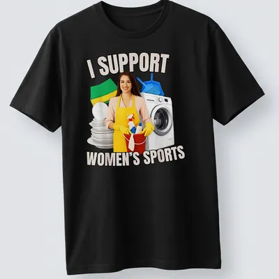 Realistic illustration of a woman in an apron with cleaning supplies and text supporting women's sports.