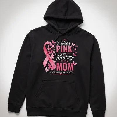 T-shirt featuring a pink ribbon and butterflies with a sentimental pink message — printed on a unisex hoodie