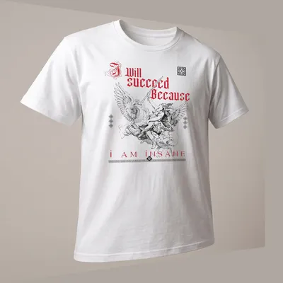 Vintage illustration of a warrior on a winged horse with bold text — printed on a unisex t-shirt (angled view)