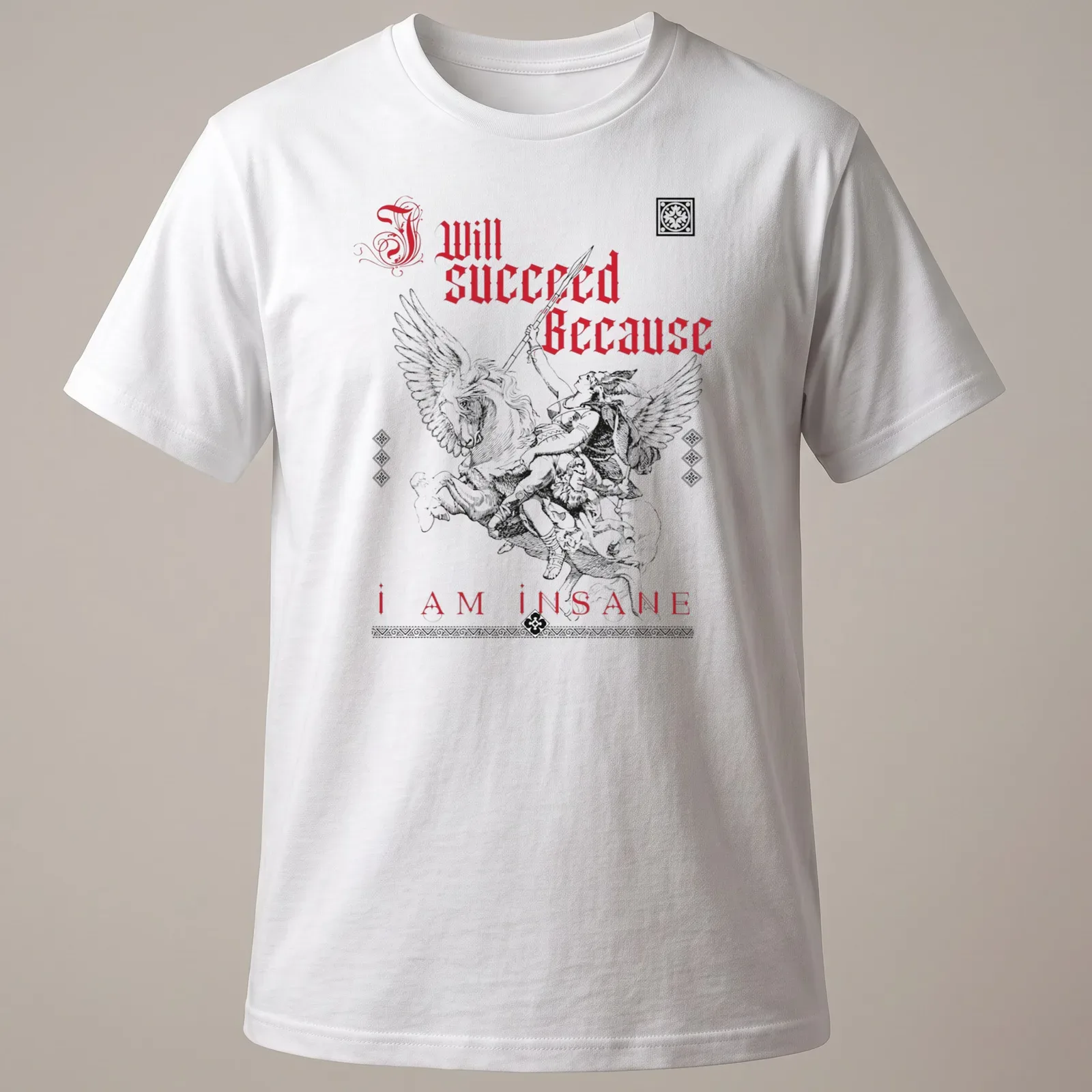 Vintage illustration of a warrior on a winged horse with bold text — printed on a unisex t-shirt