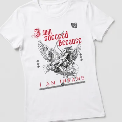 Vintage illustration of a warrior on a winged horse with bold text — printed on a women's shirt