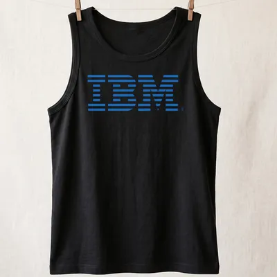 Retro blue IBM logo t-shirt evoking 80s and 90s tech nostalgia — printed on a tank top