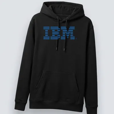 Retro blue IBM logo t-shirt evoking 80s and 90s tech nostalgia — printed on a unisex hoodie