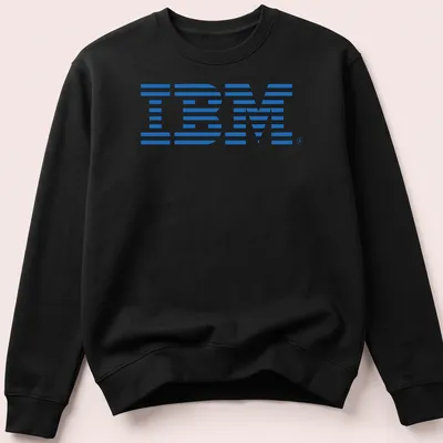 Retro blue IBM logo t-shirt evoking 80s and 90s tech nostalgia — printed on a unisex sweatshirt