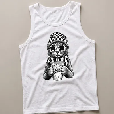 Cool cat with iced coffee in black and white line art — printed on a tank top