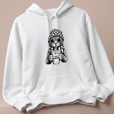 Cool cat with iced coffee in black and white line art — printed on a unisex hoodie