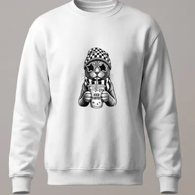 Cool cat with iced coffee in black and white line art — printed on a unisex sweatshirt