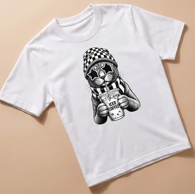 Cool cat with iced coffee in black and white line art