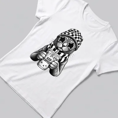Cool cat with iced coffee in black and white line art — printed on a women's shirt
