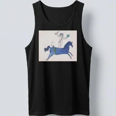 Playful illustration of a nude figure on a blue horse with garden text above. — printed on a tank top